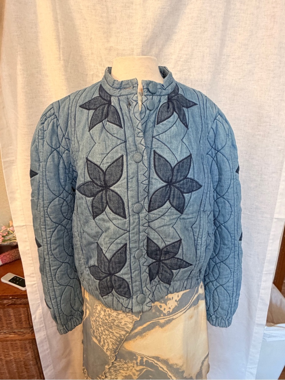Free People Light Blue Quilted Floral Bomber Jacket